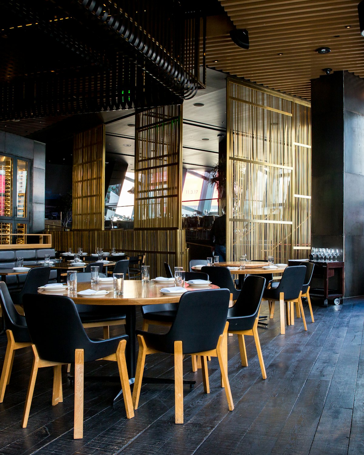 A softly lit restaurant dining room
